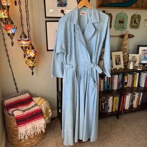 Vintage Large Cottage/Prairie Denim Wrap Maxi Dress with D-Ring Belt | 70s 80s